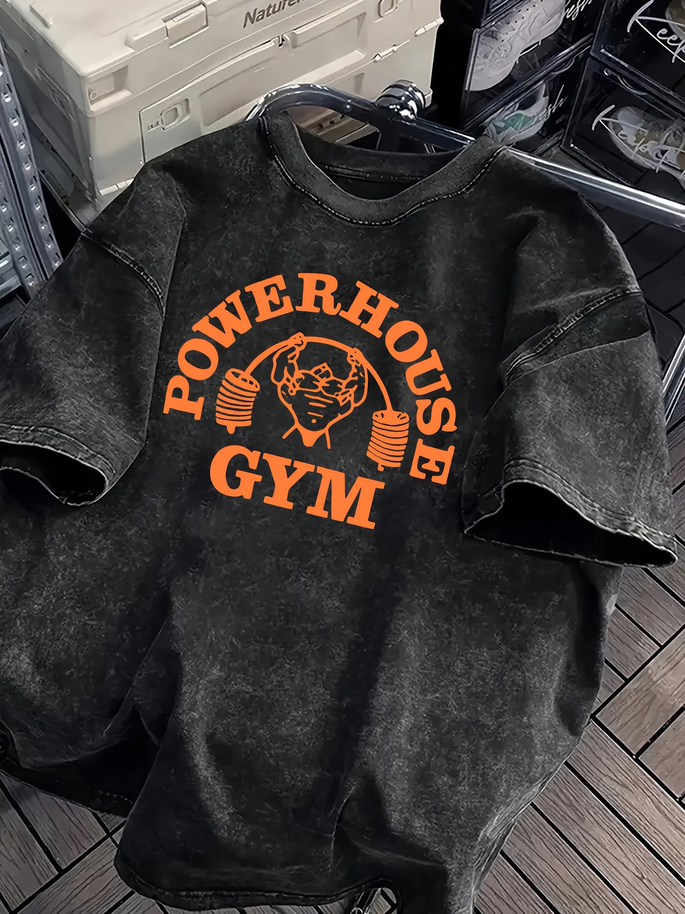 Men'S Heavyweight 100% Vintage Washed Gym T-Shirt | Loose Fit, Wide Shoulder Sleeves, Gorilla World Gym & Powerhouse Gym Graphic Print, Crew Neck, Suitable for Gym Tops, Weightlifting, Casual Wear, All-Season, Regular Fit