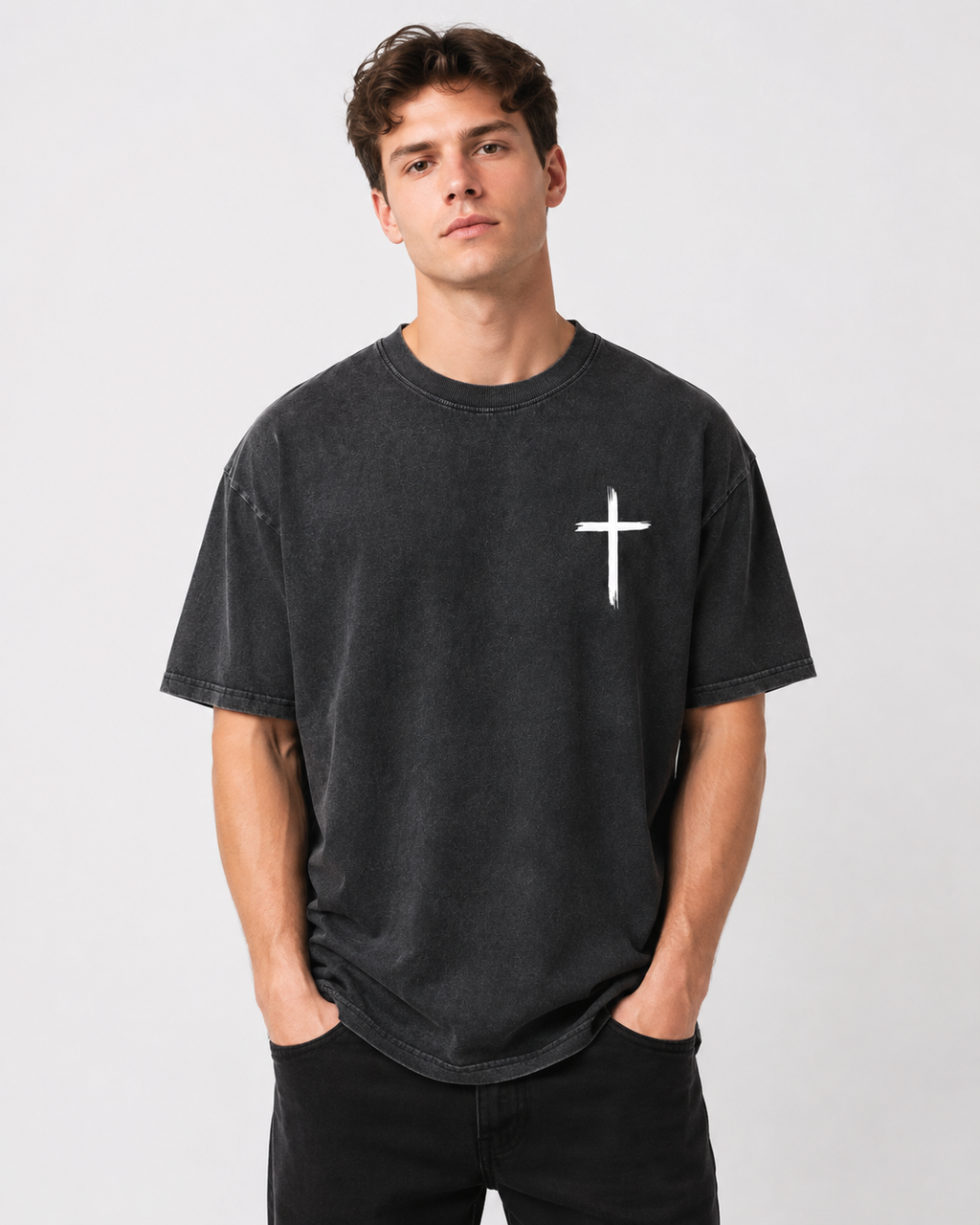 Jesus Loves You Cross Double-sided Print Washed Distressed Short-Sleeve T-Shirt, American Heavyweight Pure Cotton Oversized Christian Retro Casual Unisex T-Shirt