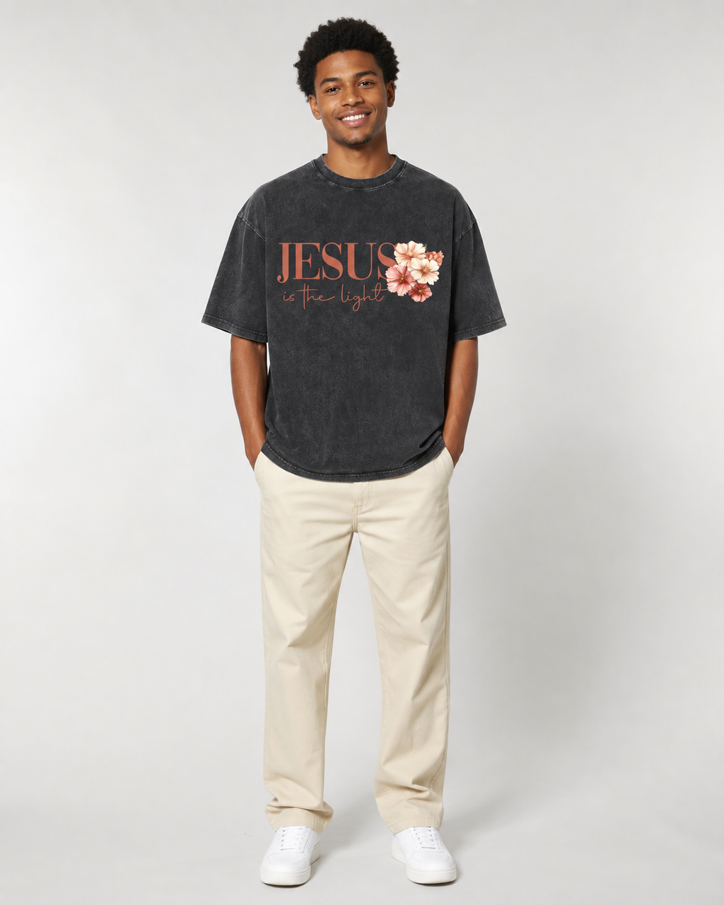 Vintage-Wash Short-Sleeve T-Shirt | "Jesus is the Light" – Oversized, Unisex, Double-Sided Print Featuring a Floral Cross and Faith-Inspired Design