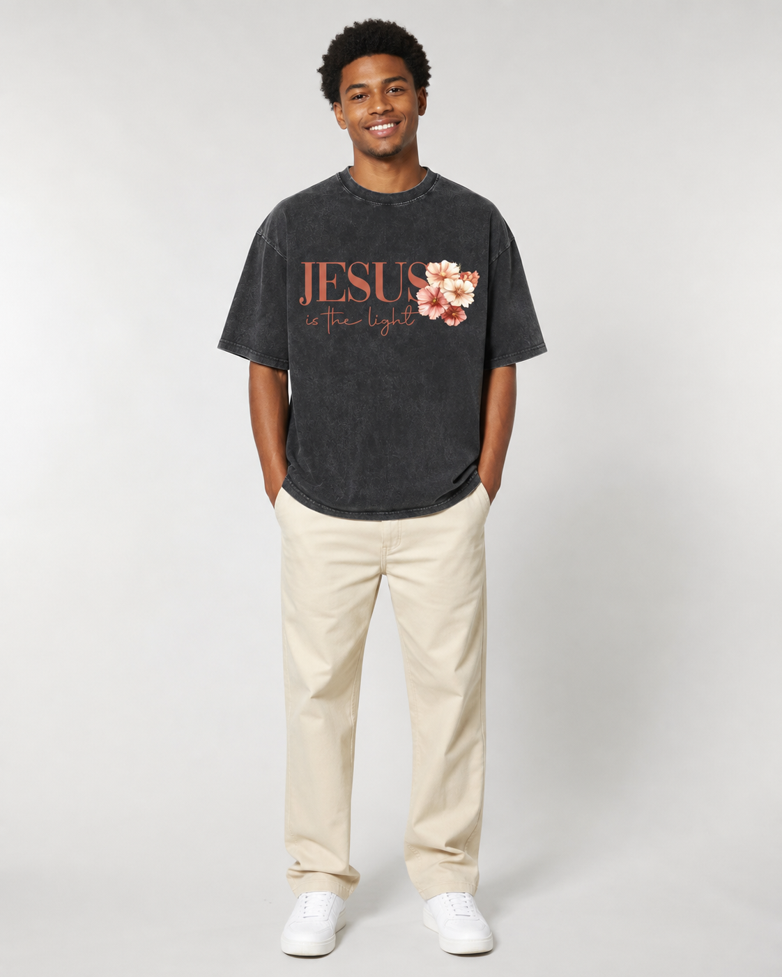 Vintage-Wash Short-Sleeve T-Shirt | "Jesus is the Light" – Oversized, Unisex, Double-Sided Print Featuring a Floral Cross and Faith-Inspired Design