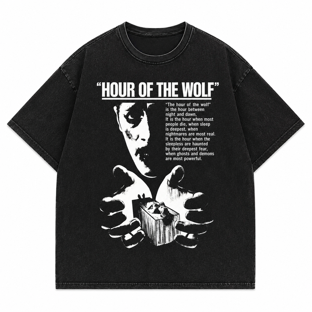 "Hour of the Wolf" Women's Vintage-Wash Oversized Drop-Shoulder T-Shirt – Dark Retro Style with Portrait & Text Graphic