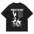 "Hour of the Wolf" Women's Vintage-Wash Oversized Drop-Shoulder T-Shirt – Dark Retro Style with Portrait & Text Graphic