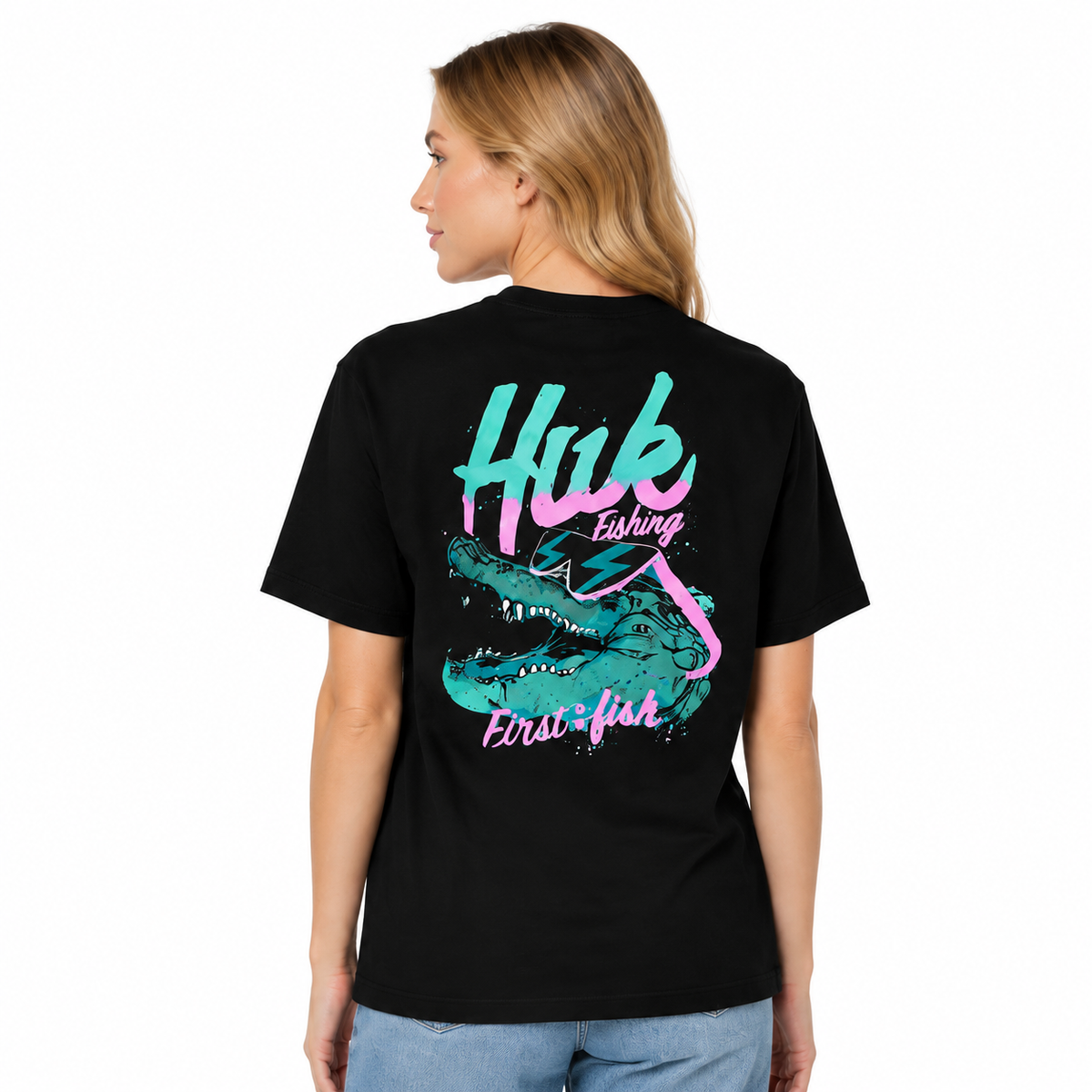 Pure Cotton Fishing-Themed Short-Sleeve T-Shirt – Cool Crocodile Graphic Print (Front & Back) – Casual Outdoor Crew-Neck Top for Men and Women
