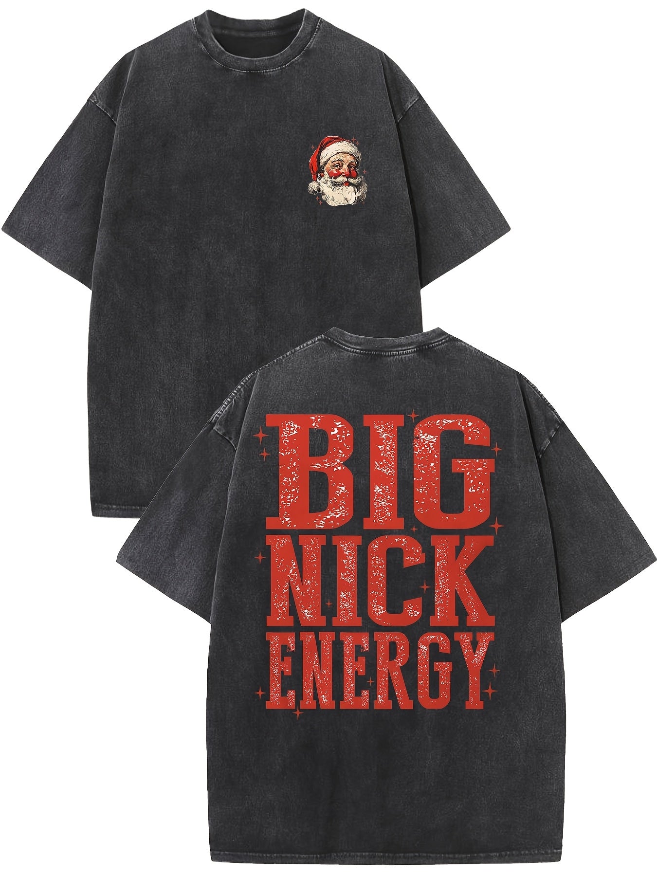Men'S Vintage Washed Heavyweight T-Shirt - Big Nick Energy Retro Graphic Print with Santa Hat & Red Lettering, Oversized Relaxed Fit, All-Season Casual Round Neck Short Sleeve Tee for Christmas & Casual Attire
