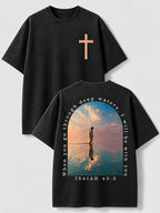 Vintage 100% Cotton "Isaiah" Faith T-Shirt – Men's Loose-Fit, Drop-Shoulder Short-Sleeve Tee Featuring a Cross on the Front and a Scenic Print of Jesus by the Lake on the Back