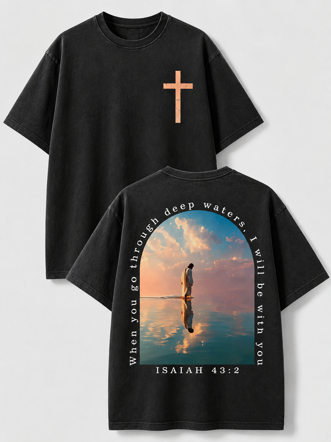 Vintage 100% Cotton "Isaiah" Faith T-Shirt – Men's Loose-Fit, Drop-Shoulder Short-Sleeve Tee Featuring a Cross on the Front and a Scenic Print of Jesus by the Lake on the Back