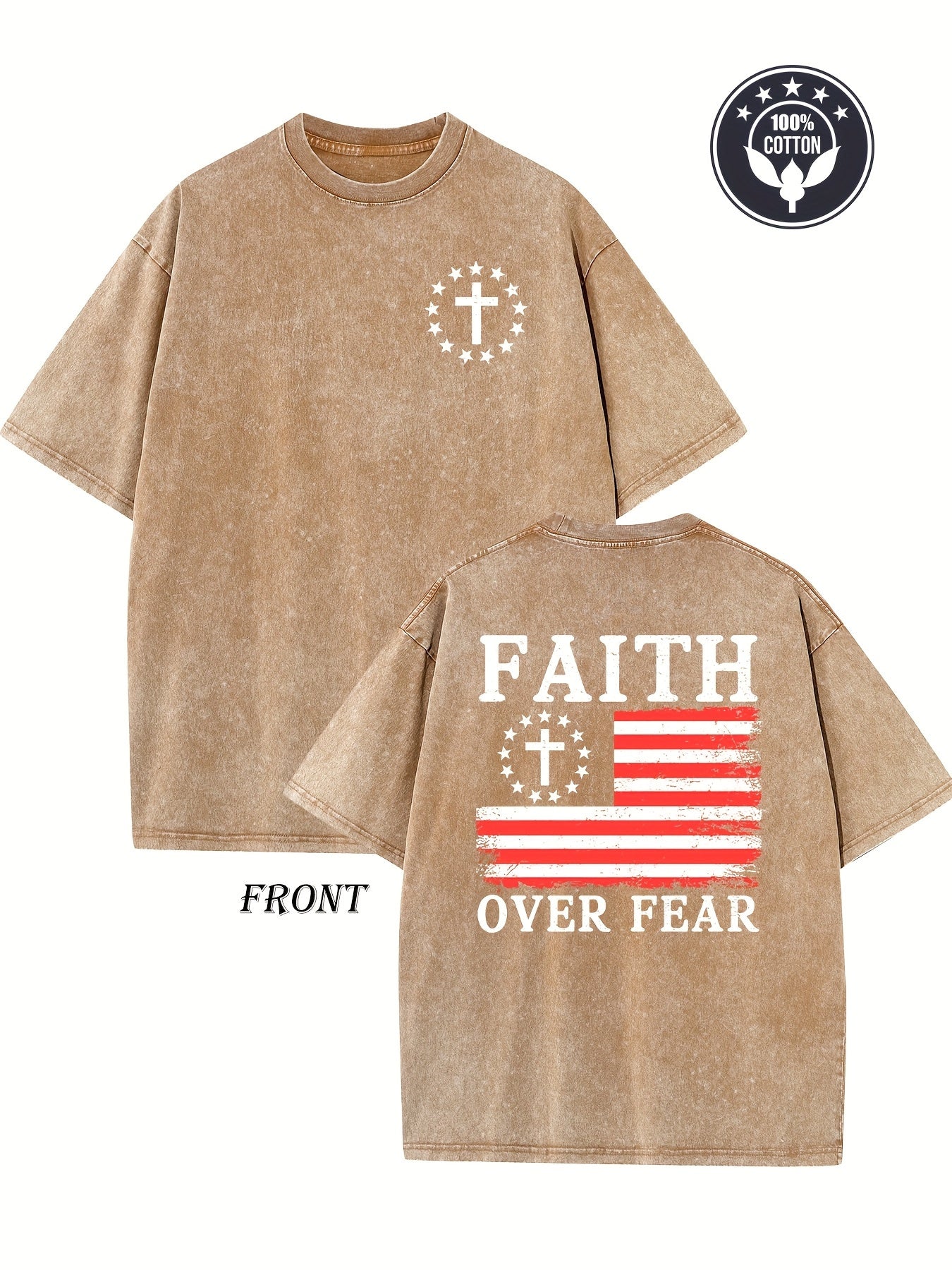 Vintage "Faith Over Fear" Duplex Printing Washed 230G Drop Shoulder T-Shirt | Unisex Retro Street Basic Loose Fit Hip Hop Top, Crew Neck, All-Season Wear