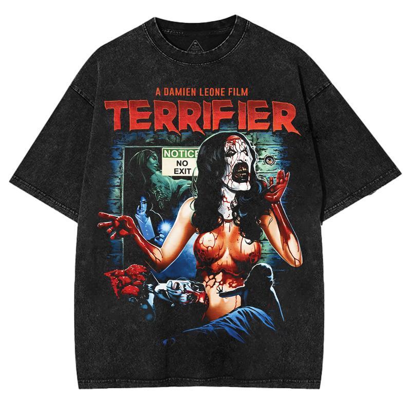 Couples Vintage Washed Printed T Shirt Featuring Horror Movie Character With Blood Splatter And Chains Decorated Round Neck Short Sleeve Regular Length Relaxed Fit Hem Detail Graphic Representation