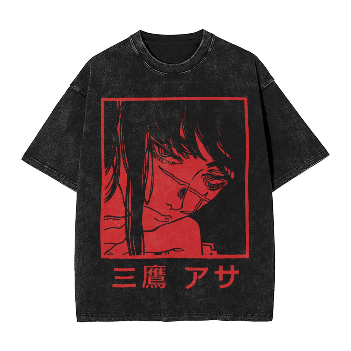 American-style acid-washed distressed short-sleeved T-shirt with red border and Japanese anime girl print. Heavyweight retro wash, oversized, loose fit, unisex.