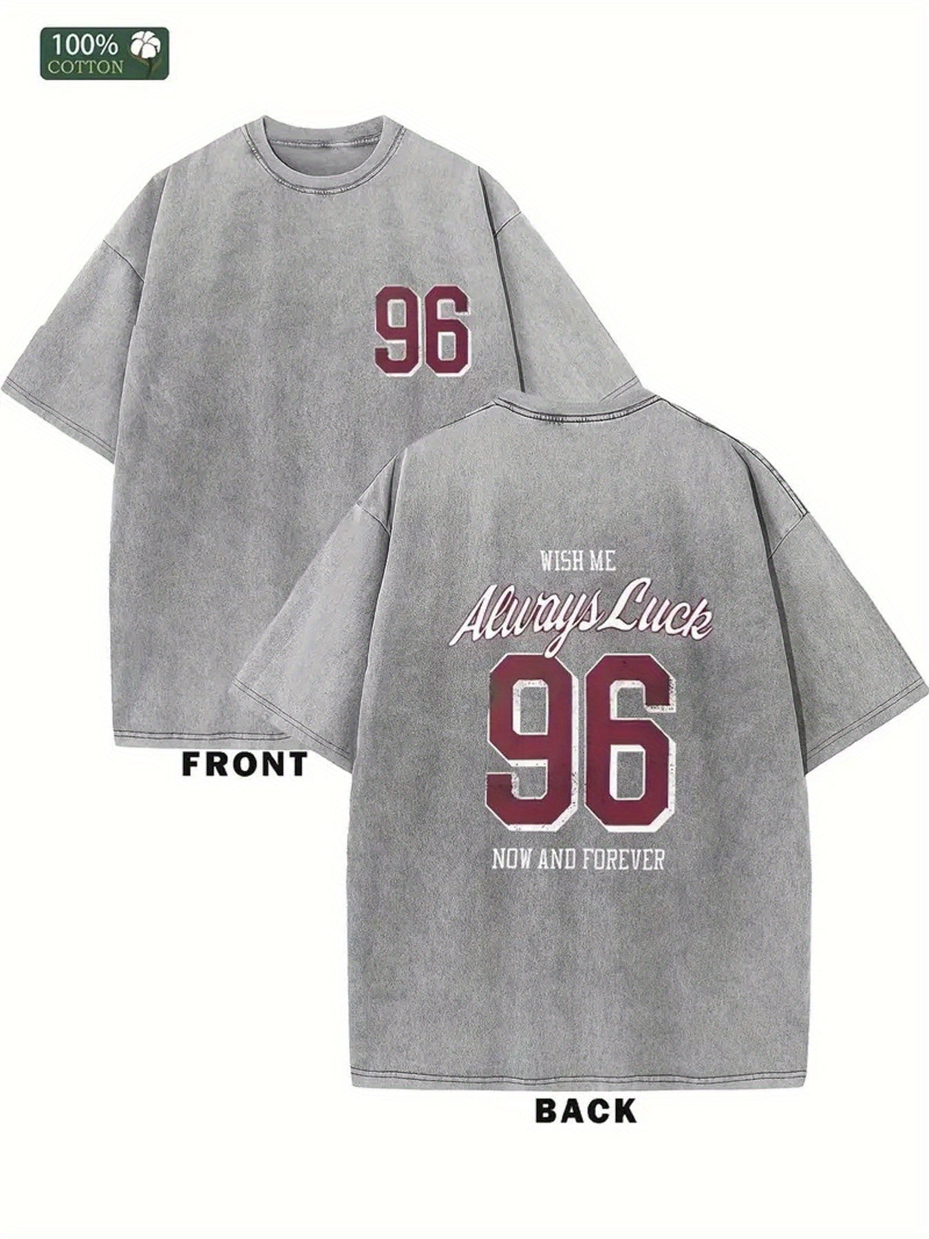 Men'S Heavyweight 230g 100% Vintage Washed T-Shirt with Number 96 Graphic Print - Double-Sided Soft Round Neck Casual Streetwear, All-Season Fit for Outdoor Travel & Casual Attire, Ideal Gift for Family, Friends, Colleagues (Front & Back Design)