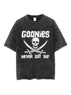 Couples Vintage Washed Print T Shirt Skull and Crossbones Graphic Distressed Design Crew Neck Short Sleeve Regular Length Relaxed Fit Hem Detail Pattern Display