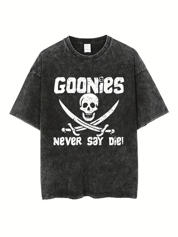 Couples Vintage Washed Print T Shirt Skull and Crossbones Graphic Distressed Design Crew Neck Short Sleeve Regular Length Relaxed Fit Hem Detail Pattern Display