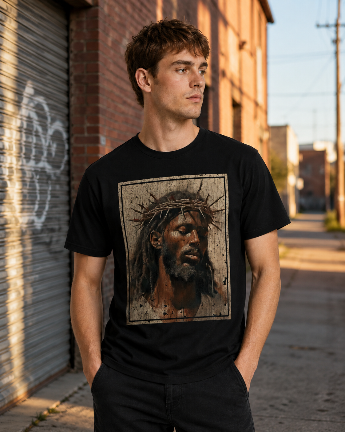 Vintage-Wash Short-Sleeve T-Shirt | Oversized Unisex Fit – Distressed Print Featuring "Black Jesus" with Crown of Thorns
