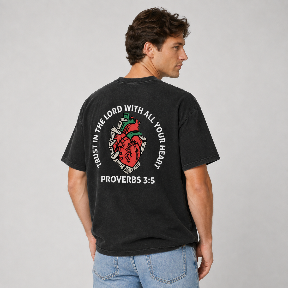 American-style "Proverbs 3:5" graphic T-shirt—oversized, 100% cotton, black with a vintage wash, and featuring double-sided prints.