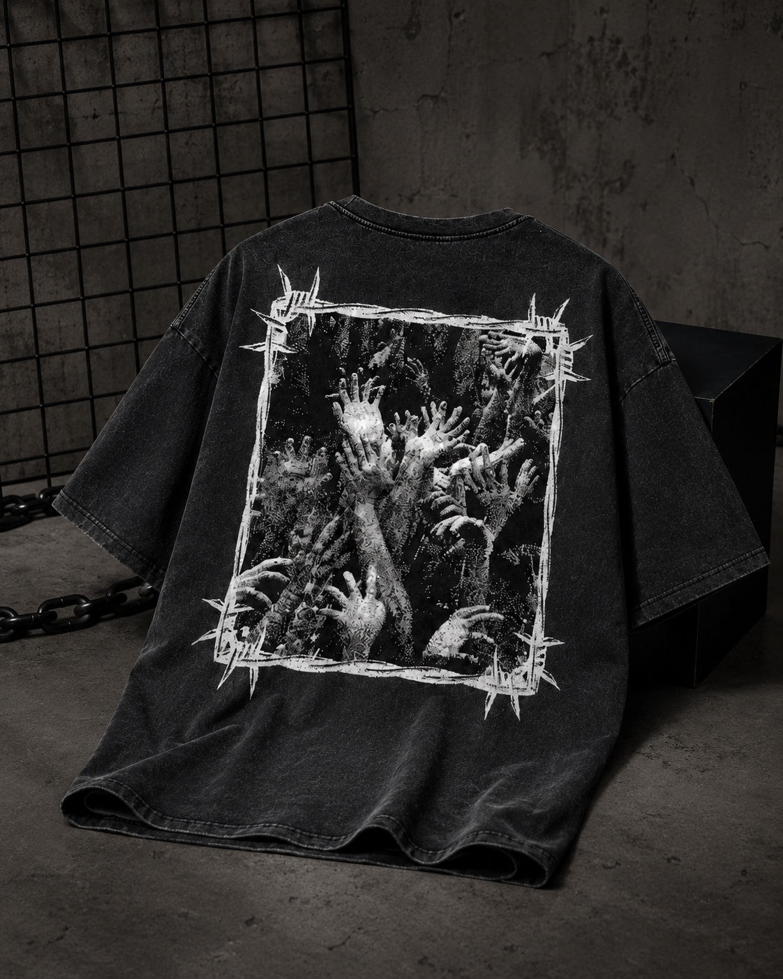 Unisex Washed/Distressed Short-Sleeve T-Shirt with "Zombie Hand & Thorns" Print – Dark High-Street Vintage Style