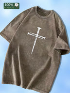 Men's Vintage Cross & Jesus Print T-Shirt - 100% Cotton Soft Fabric, Old Stock Cross & Jesus Design, Casual Streetwear Crew Neck Short Sleeve Tee, Machine Washable Holiday Gift for Church & Casual Attire