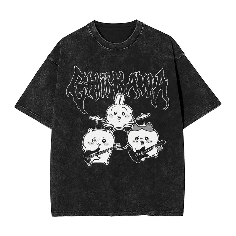Heavy Metal Chiikawa Usagi Hachiware Washed T Shirts Streetwear Hip Hop Vintage T-Shirts Tee Shirt for Men Women Cotton Oversize Menswear Top
