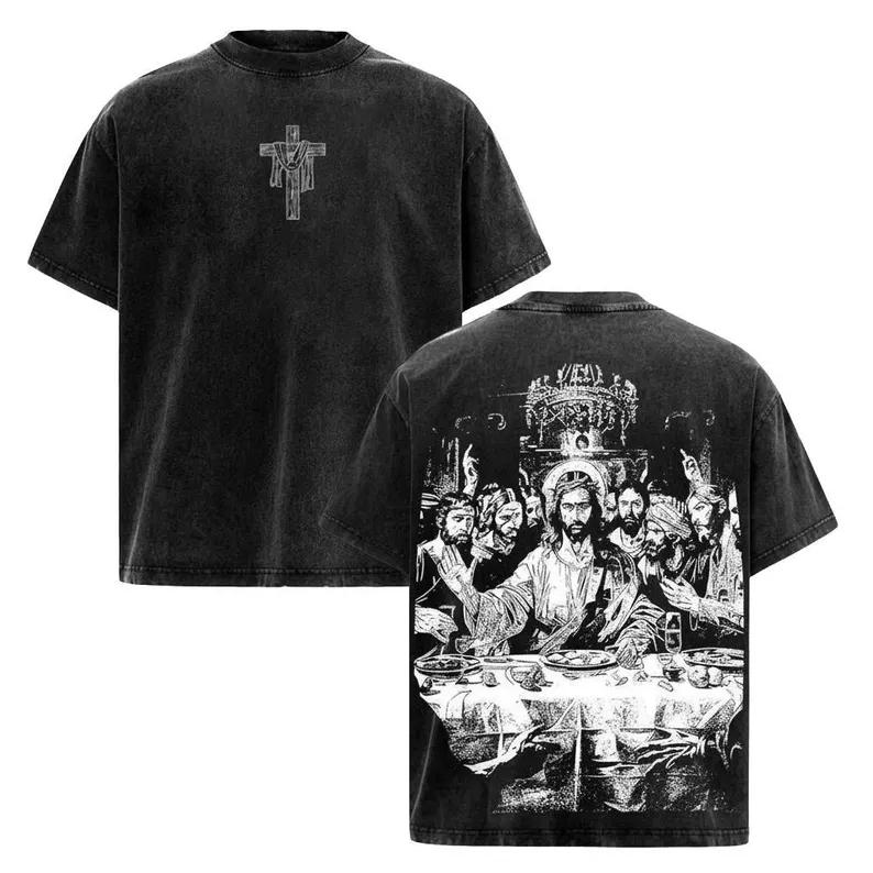 Vintage-Wash Short-Sleeve T-Shirt | "The Last Supper" & Cross Double-Sided Print | Religious/Faith-Inspired Style | Oversized Unisex Fit