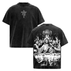 Vintage-Wash Short-Sleeve T-Shirt | "The Last Supper" & Cross Double-Sided Print | Religious/Faith-Inspired Style | Oversized Unisex Fit