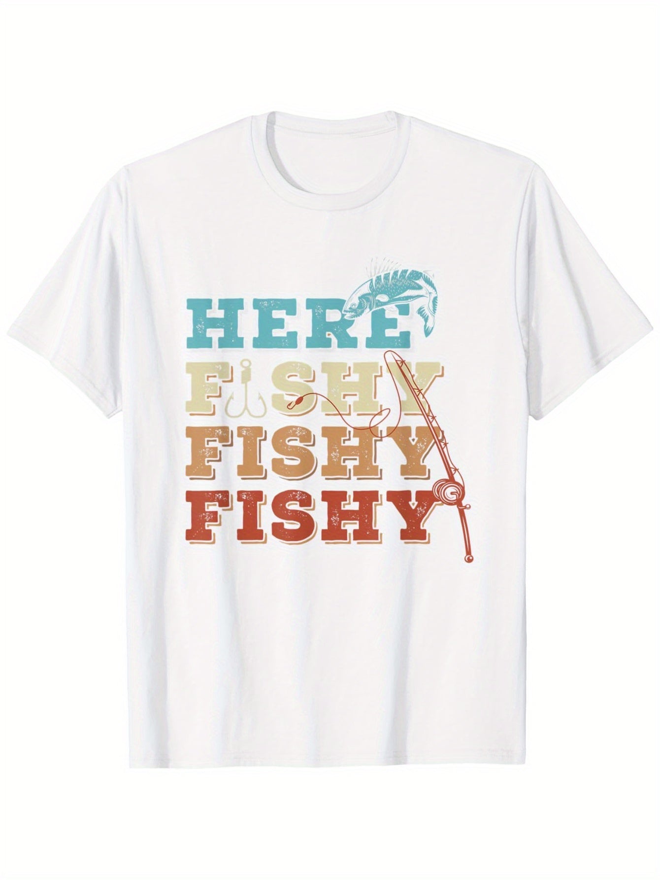 Men's Casual 100% Cotton T-Shirt with Geometric Fish Graphic & "HER FISHY FISHY" Text - Short Sleeve Round Neck Tee, Machine Washable, All-Season Comfort, Sizes S-XXXL, Fishing Enthusiast Apparel | Fashionable Casualwear | Breathable Fabric, Fishing Shirt