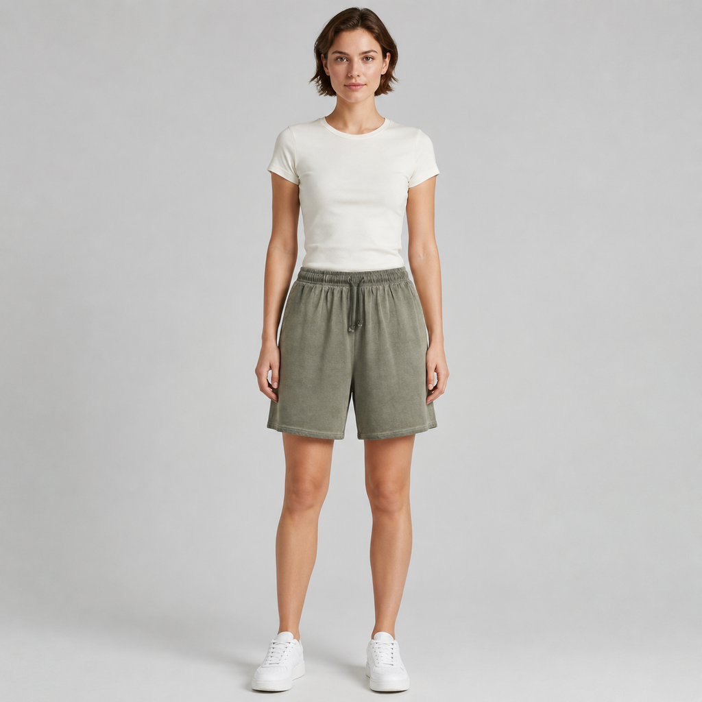 American vintage-style "dirty wash" shorts; distressed, faded, cotton-feel athletic shorts; versatile, casual unisex style.