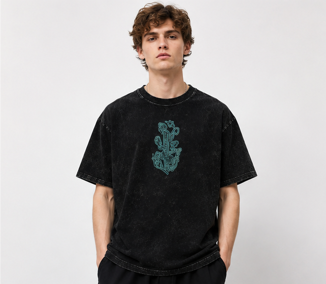 Demon Slayer: Kimetsu no Yaiba Mist Hashira Muichiro Tokito Sword Pattern Stonewashed Distressed T-Shirt, Drop-Shoulder Loose Fit, Heavyweight Cotton, European and American Style, Unisex, Retro Couple Top