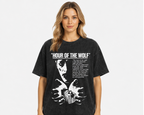"Hour of the Wolf" Women's Vintage-Wash Oversized Drop-Shoulder T-Shirt – Dark Retro Style with Portrait & Text Graphic