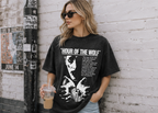 "Hour of the Wolf" Women's Vintage-Wash Oversized Drop-Shoulder T-Shirt – Dark Retro Style with Portrait & Text Graphic
