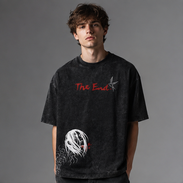 Attack On Titan Allen's End Rumbling Demon Totem Stonewashed Distressed T-Shirt, Drop-Shoulder Loose Fit, Heavyweight Cotton, European and Asian Cultural Unisex Retro Top for Couples
