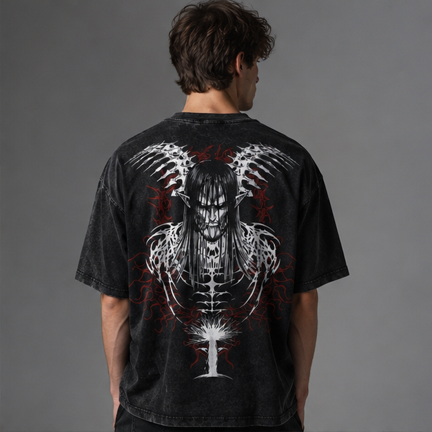 Attack On Titan Allen's End Rumbling Demon Totem Stonewashed Distressed T-Shirt, Drop-Shoulder Loose Fit, Heavyweight Cotton, European and Asian Cultural Unisex Retro Top for Couples