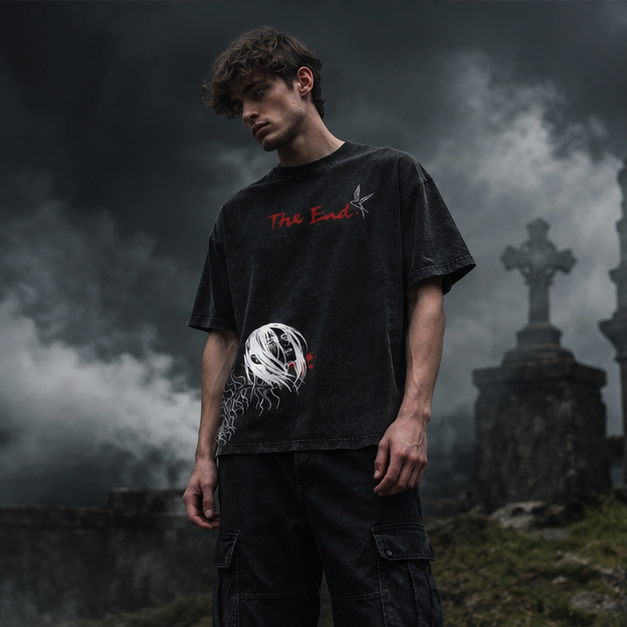 Attack On Titan Allen's End Rumbling Demon Totem Stonewashed Distressed T-Shirt, Drop-Shoulder Loose Fit, Heavyweight Cotton, European and Asian Cultural Unisex Retro Top for Couples