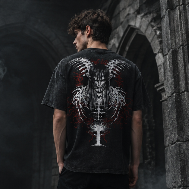 Attack On Titan Allen's End Rumbling Demon Totem Stonewashed Distressed T-Shirt, Drop-Shoulder Loose Fit, Heavyweight Cotton, European and Asian Cultural Unisex Retro Top for Couples