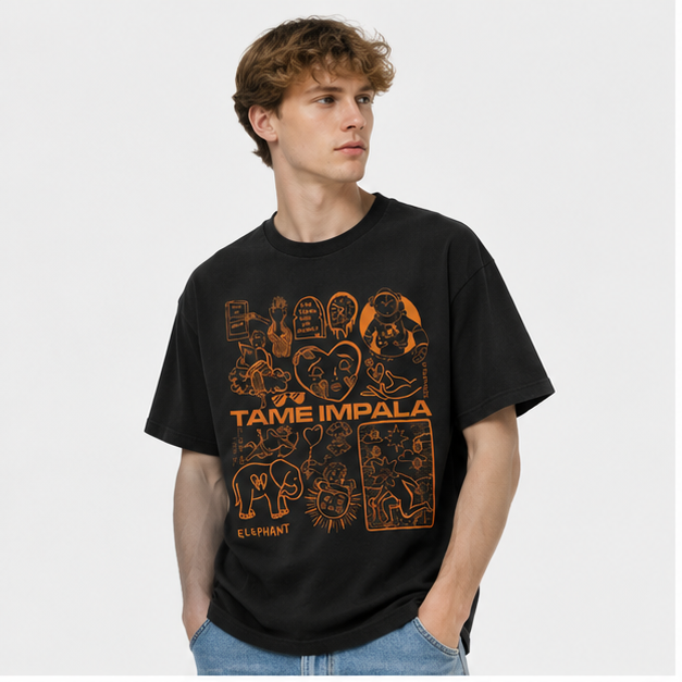 Psychedelic Rock-Themed Distressed Black Short-Sleeve T-Shirt – 100% Cotton, Oversized, Vintage Hand-Drawn Graphic – Casual Tee for Fans and Collectors