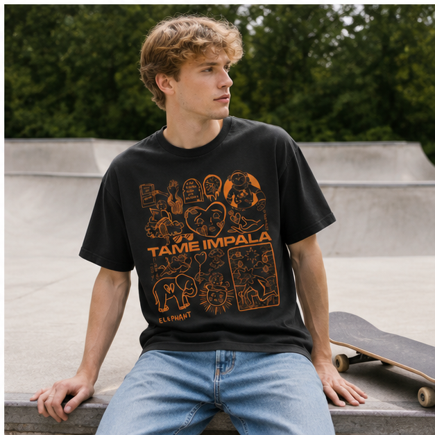 Psychedelic Rock-Themed Distressed Black Short-Sleeve T-Shirt – 100% Cotton, Oversized, Vintage Hand-Drawn Graphic – Casual Tee for Fans and Collectors