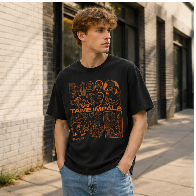 Psychedelic Rock-Themed Distressed Black Short-Sleeve T-Shirt – 100% Cotton, Oversized, Vintage Hand-Drawn Graphic – Casual Tee for Fans and Collectors