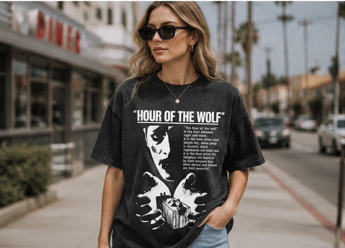 "Hour of the Wolf" Women's Vintage-Wash Oversized Drop-Shoulder T-Shirt – Dark Retro Style with Portrait & Text Graphic
