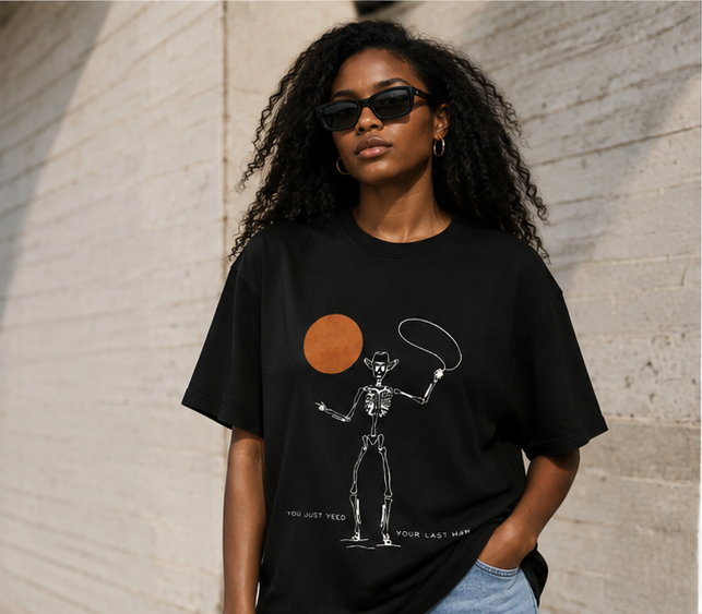 Women's Oversized Vintage-Style Cotton T-Shirt – Western Skull Cowboy Graphic with Washed, Distressed Finish