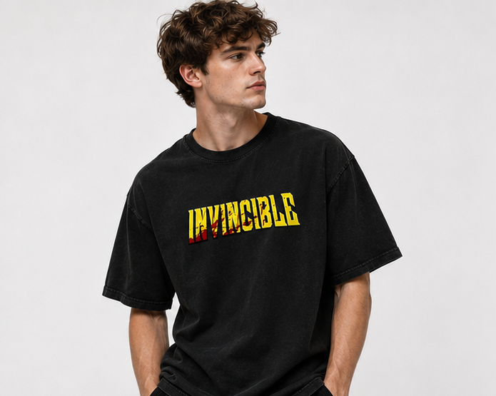 Vintage-style stone-washed short-sleeve tee featuring "Invincible" comic panel prints; a heavyweight, drop-shoulder, American superhero-inspired streetwear top.